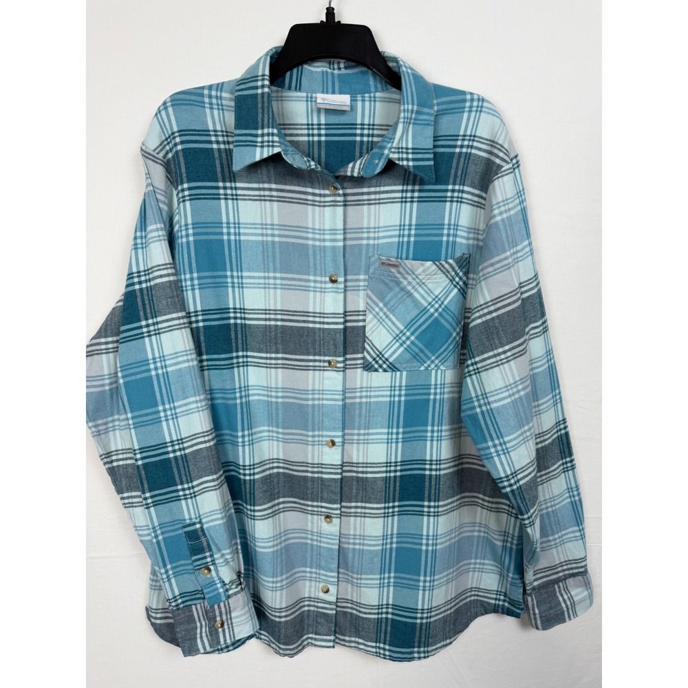 Columbia Women Cotton Button Down XXL Blue Plaid Long Sleeve Flannel Shirt